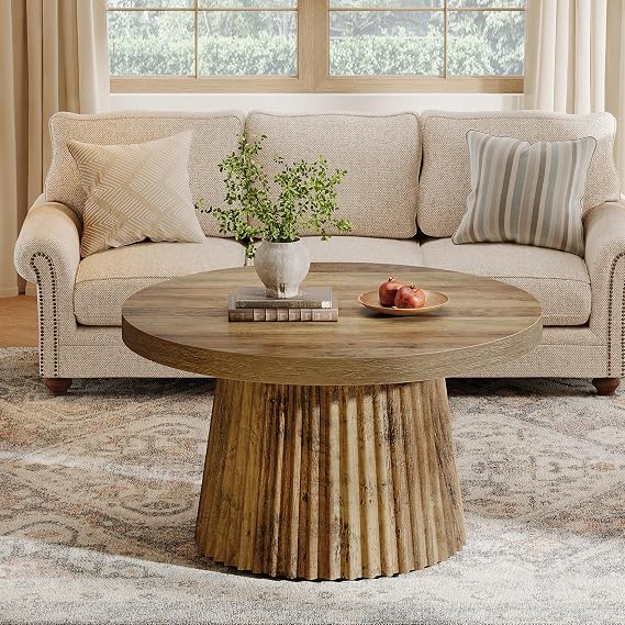 Tribesigns Coffee Table, 31.5" Small Farmhouse Round Coffee Tables with Fluted Drum Base, Mid Century Modern Farmhouse Accent Center Table for Living Room, Apartment, Small Space (Brown)
