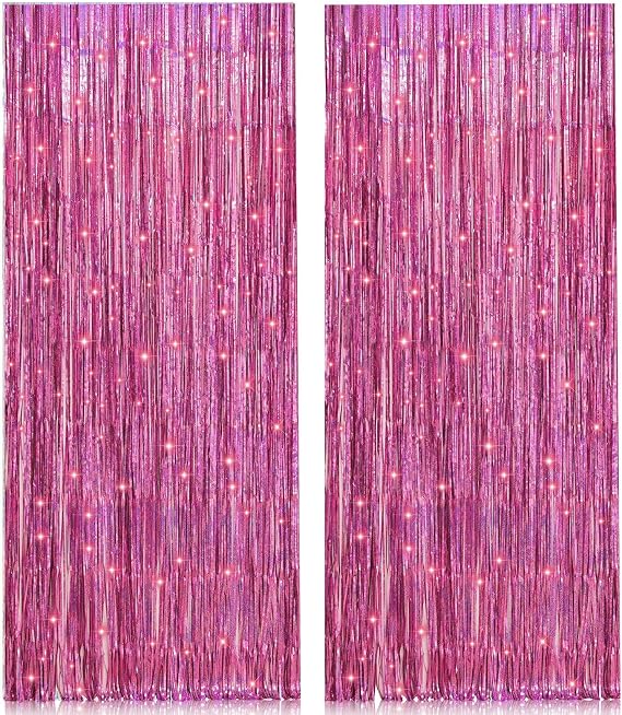 PIGETALE 2pcs 3.2 x 8.2ft Glitter Pink Foil Fringe Tinsel Curtain Backdrop Aluminum Foil Flow Curtain Background Streamer for Fairy Princess Birthday Wedding Bridal Shower Hen Girls Party Decorations