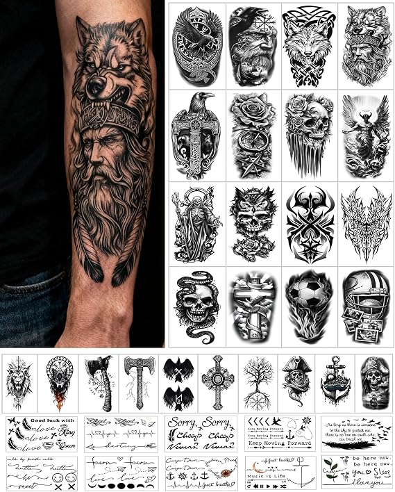 36 Sheets Temporary Tattoos Stickers, 16 Sheets Fake Body Arm Chest Shoulder Tattoos for Men or Women with 20 Sheets Tiny Black Temporary Tattoos.