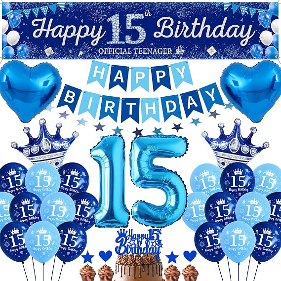 15th Birthday Decorations for Boys Girls - Navy Blue Party Decoration Supplies Star Garland, Happy 15th Birthday Yard Banners and Heart Crown Number 15 Foil Balloons Cake Toppers