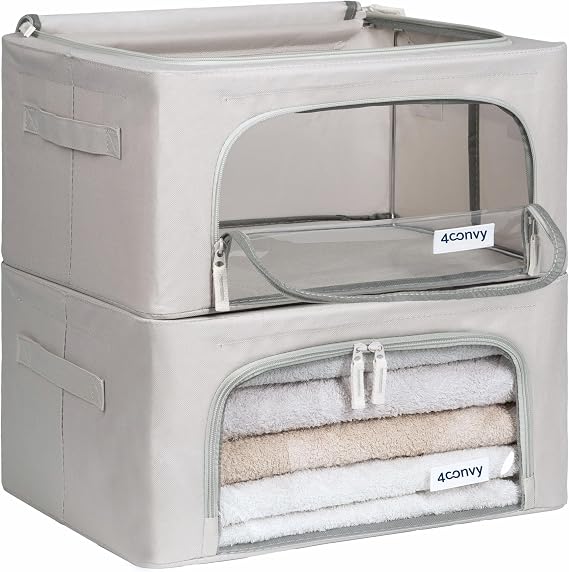 4CONVY Clothes Storage Boxes for Wardrobe with Zipper and Metal Structure - Stackable Rigid Organizer Boxes - Storage Bags for Clothes, Blankets, Quilts - 2x24L