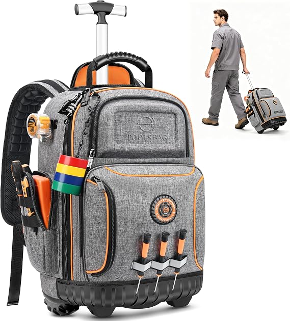 Rolling Tool Backpack with Wheels, 16" Heavy Duty Tool Bag with Molded Base