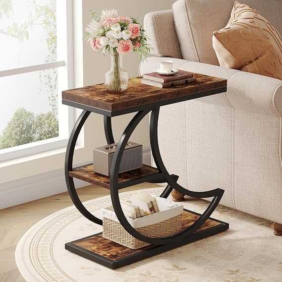 Tribesigns Small Side Table, Farmhouse Moon Shaped Metal End Accent Table for Living Room, Narrow Wooden Nightstand with Storage for Bedroom, Small Spaces, Bedside, Office, Brown