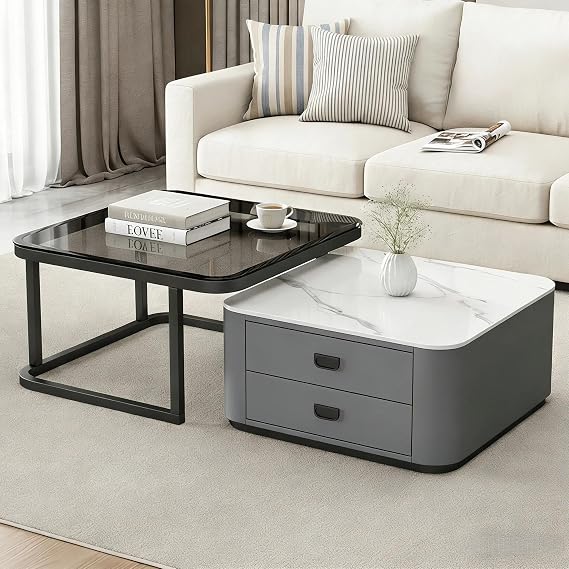 Square Nesting Coffee Table Set of 2, Modern Coffee Table Set with Wooden Storage Drawers, Tempered Glass and Sintered Stone Top for Living Room, Bedroom, Office, Balcony, Apartment
