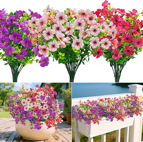 Artificial Flowers Outdoor 189 Fake Flowers, 9 Bundles UV Resistant Plastic Faux Silk Flowers Bouquet, Decorative Artificial Flowers Plants for Garden Graves Porch Window Front Door Indoor Decoration