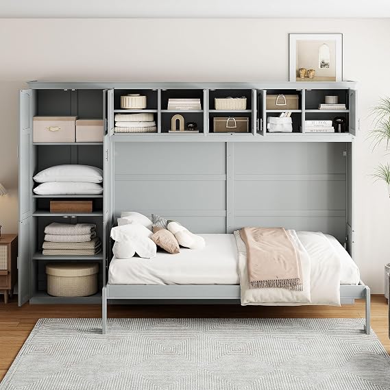 Queen Size Murphy Bed Wall Bed with Storage Cabinets,Modern Multifunctional Design Bed Frame for Kids Teen Girls Boys Adults Bedroom Furniture,No Box Spring Needed (Gray-05, Queen)