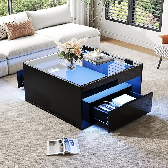 Merax Coffee Table in High Gloss Black Square Living Room Table with LED Lighting Modern Sofa Table Coffee Table with 2 Drawers Glass Table Top Side Tables Centre Table for Living Room Office