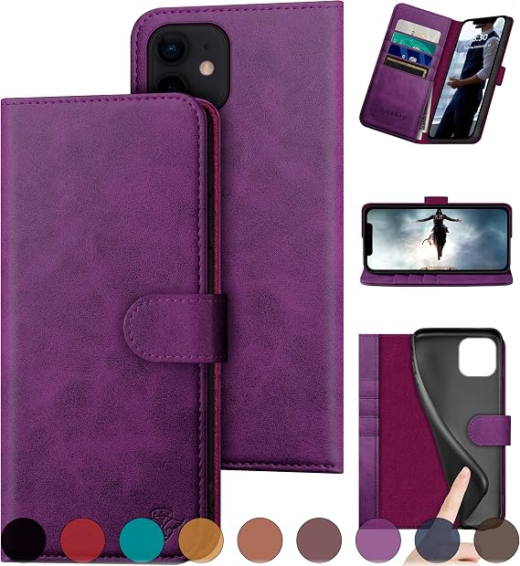 DuckSky iPhone 11用 本革ウォレットケース RFIDブロッキングクレジットカードホルダー4個本革 フリップ 二つ折りブック スマホケース 保護カバー 女性 男性 iPhone 11 ケース パープル