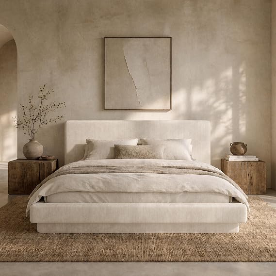Recci Soft King Bed frame with Headboard, Fully Cushioned Beige Platform Bed, No Box Spring, 5-mins Assembly (King (U.K. Standard))