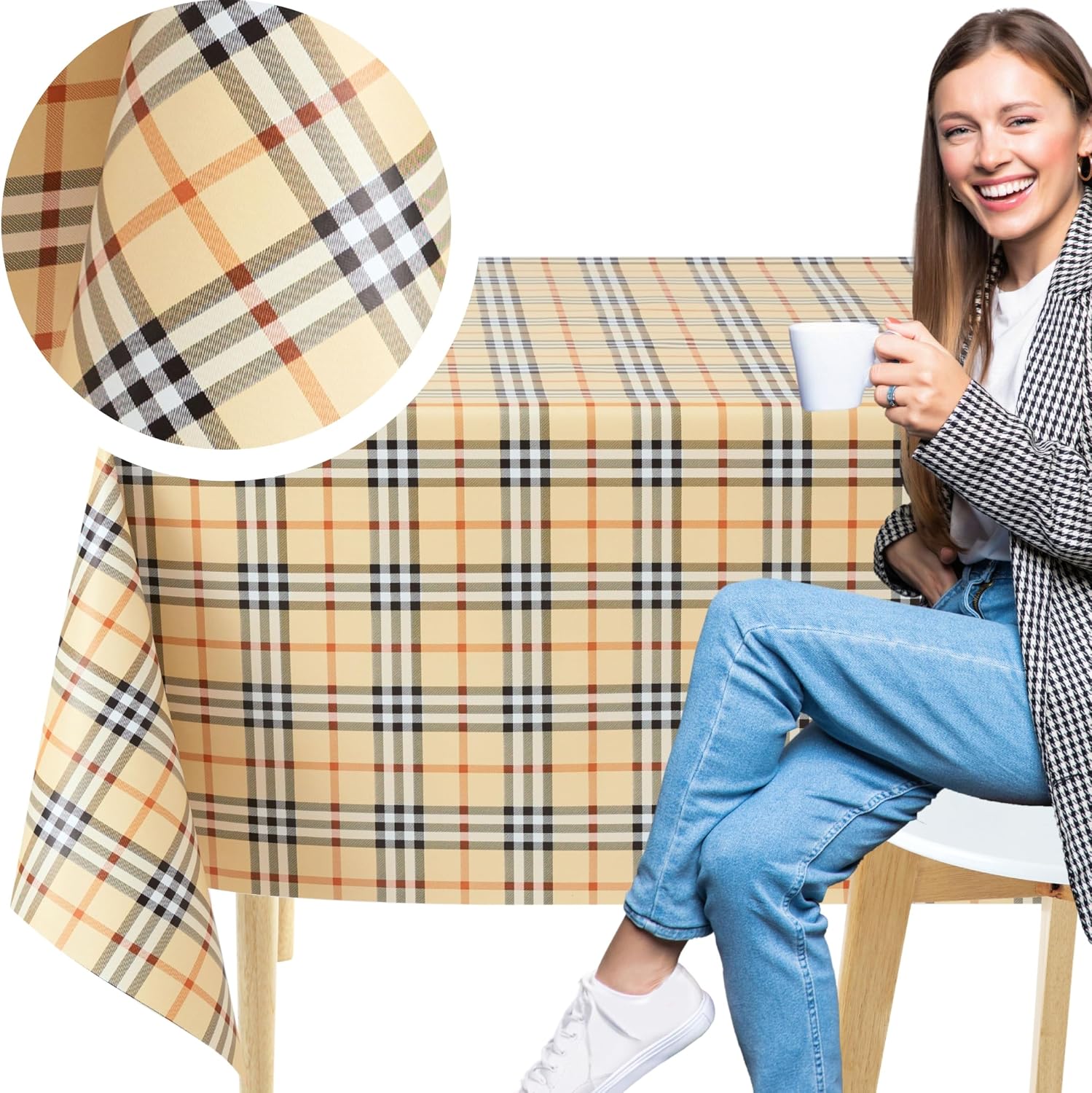 KP HOME Wipe Clean Tablecloth Square 53.9” x 53.9” 137x137cm - Plastic Table Cloth Wipe Clean for Outdoor Indoor Use, PVC Oil Cloth Table Cover Waterproof - Beige Heritage Tartan Wipeable Vinyl
