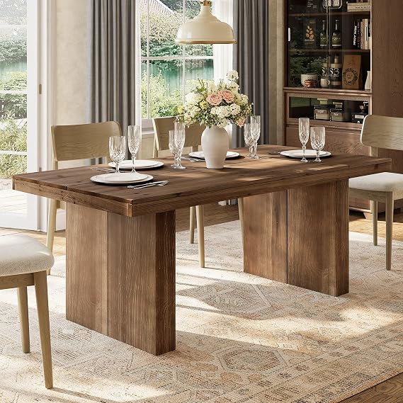 63" Rectangle Solid Wood Table, 4-6 Person Farmhouse Kitchen Dining Table, Modern Rustic Dinner Table for Kitchen & Living Room, Dark Brown, Simple Style & Fast Assembly
