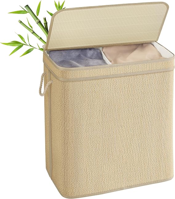 SONGMICS Laundry Basket, 130 L Bamboo 2-Section Clothes Organiser