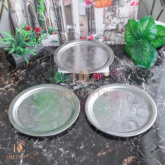 430 Kalite Krom Çelik Osmanlı Motifli Tepsi, 24 cm, Fırına Uygun, Kulplu, Kebap ve Restoran Sunumu için, 6 Adet