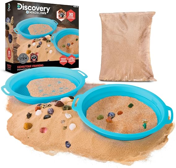 Discovery ジェムストーンパンニングSTEMキット – 本物の宝石30個用パン | ふるい分けパン2個 砂と学習ガイド | 子供向けの教育科学アクティビティ | 地質学の岩石発掘セット | 男の子と女の子のおもちゃギフト | 対象年齢8歳以上。