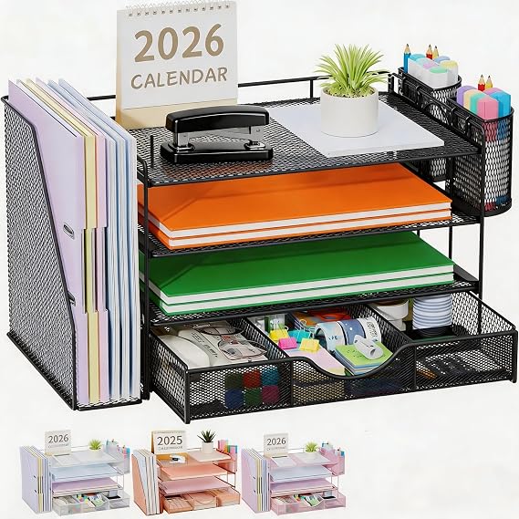Desk Organiser with File Holder,4-Tier Desk Organisers and Accessories with 2 Pen Holders and Drawer,Paper Letter Tray Storage with Magazine Holder for Home Office Supplies(black)