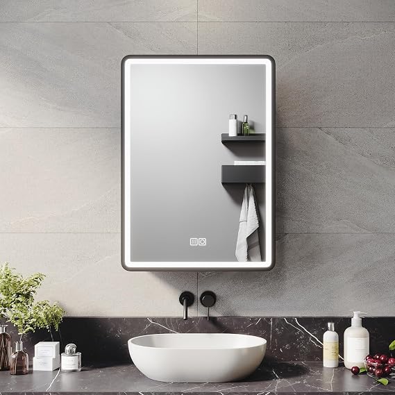 ELEGANT 500x700mm LED Bathroom Mirror Cabinet With Shaver Socket - Wall Mounted With Touch Button 3 Colour Light and Demister - Stainless Steel Black [Energy Class D]