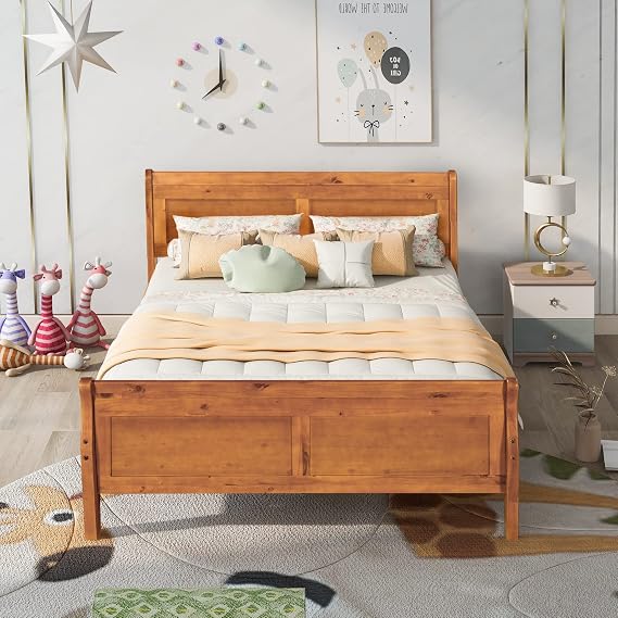 Full Size Sleigh Bed Frame, Wooden Double Platform Beds with Headboard and Footboard, Classic Bedframe with Wood Slat Support, Under Bed Storage Space, No Box Spring Needed (Oak, Full)