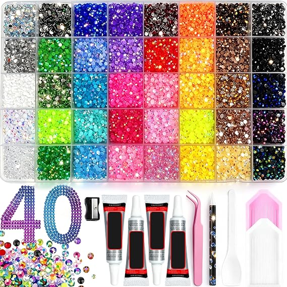 40 Colours Bedazzling Kit, 42000 Pieces 3 mm Strass, Tweezers and Sticky Punch Pen, for Nail Art, Clothing and Shoes Decoration