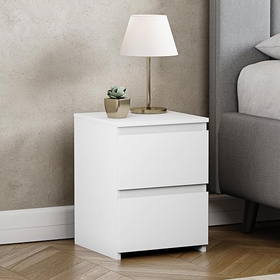 Vida Designs Denver 2 Drawer Bedside Chest | White | Space-Saving Storage | 52H x 29.5W x 29.5D cm | Narrow Side Table | Minimal | Smooth Metal Runner | Modern Bedroom Nightstand Unit