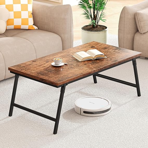 Folding Coffee Table, Foldable Tea Table with Leg Latches, Space Saving Portable Desk, No Assembly Small Wooden Centre Table for Living Room, Home Office, 105×55×40 CM, Rustic Brown