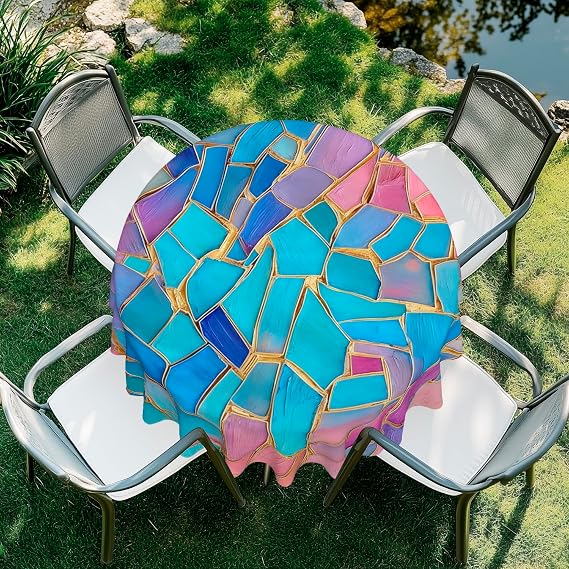 Colorful patchwork Round Tablecloth 60 Inch Durable Wipe-Clean Waterproof Table Cloth for Dining Table, Kitchen, Party, Wedding & Outdoor Use - Colorful patchwork