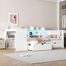 Day Bed Children's Bed 90 x 200 cm with LED Light and Desk Sofa Bed Youth Bed with Storage Space and Drawers Single Bed Wooden Bed Frame with Slatted Frame White Mattress Not Included