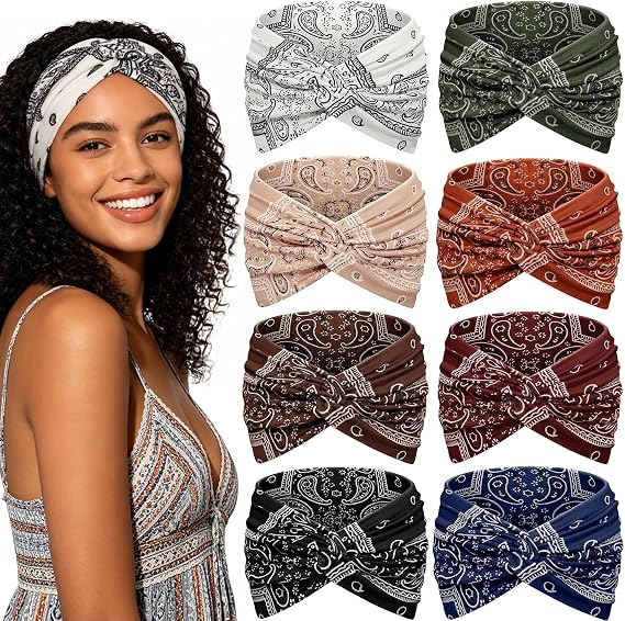 Awumbuk Wide Headbands for Women, 7.08 Inch Thick Boho Turban Style Hair Wraps, Non-Slip Moisture-Wicking Workout Headband for Sports, Yoga, Daily Fashion, 8 Pack Multi Colors