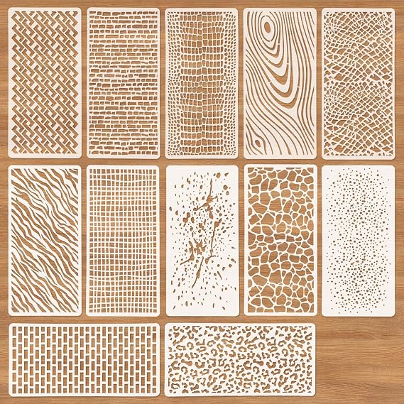OOTSR 12pcs Texture Stencils for Painting Reusable, 8.7x4.1in Mixed Layering Stencil for Crafts, Plastic Templates for Wood Walls Fabric Cake Card DIY Art Decorations