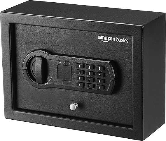 Amazon Basics Small Slim Desktop Safe with Programmable Electronic Keypad, Black, 30 x 22 x 11 cm (W x D x H)