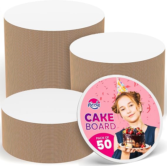 RICCLE Cake Boards 8 Inch Round Pack Of 50- Smooth Edged 8" board, Disposable- Sturdy - White Cardboard Circles