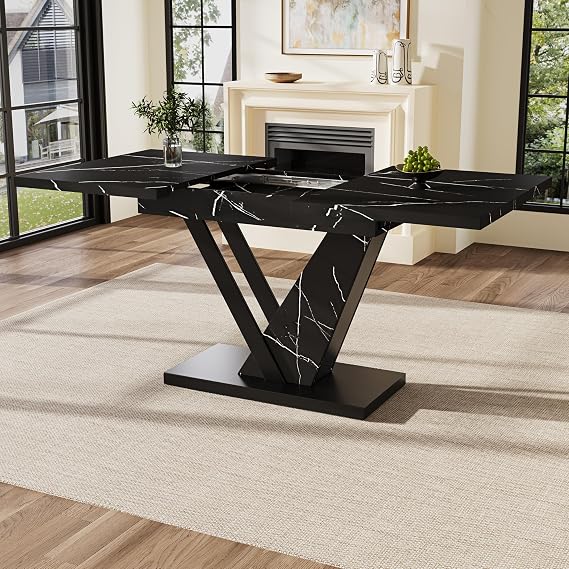Extendable Dining table, Kitchen Table Extendable to 120-160cm Suitable for 4-6 people, Telescopic Table with Black Marble Pattern, Black (No Chair)