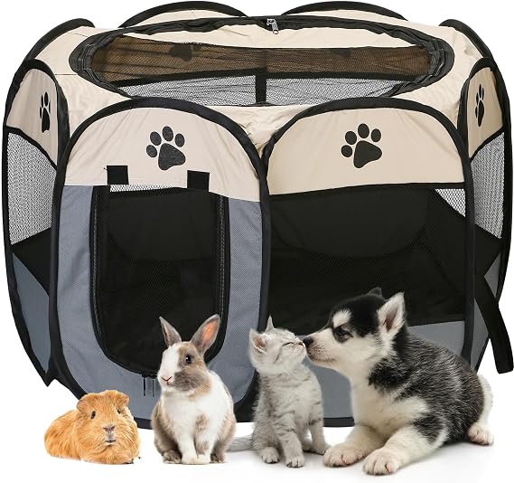 Foldable Pet Playpen - Portable, Soft Pop-Up Design for Dogs, Cats and Kittens - Breathable Mesh Fabric Cage - Lightweight and Indoor/Outdoor Use