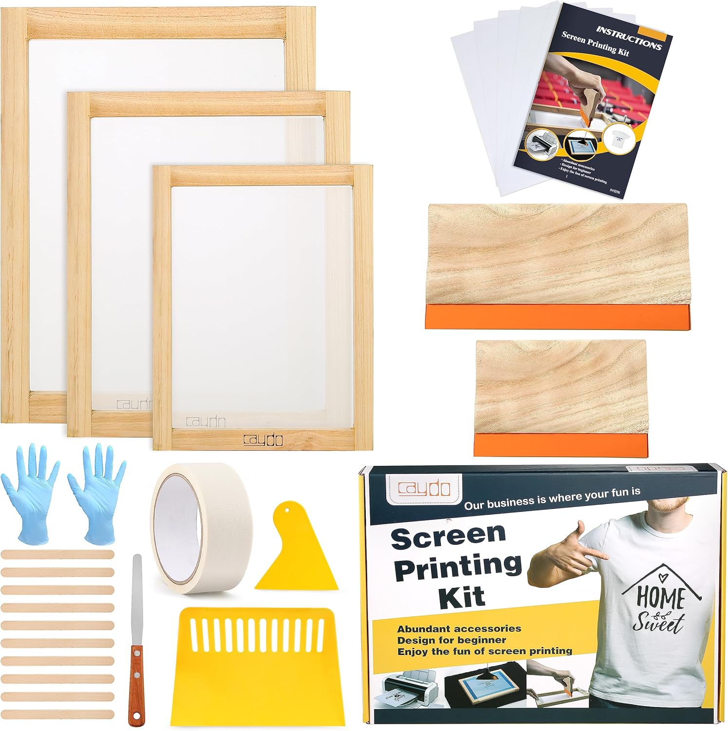 Caydo 23 Pieces Screen Printing Starter kit Include 3 Different Size of Wood Silk Screen Printing Frame with Mesh, Screen Printing Squeegees, Inkjet Transparency Film, Ink Knife, and Mask Tape