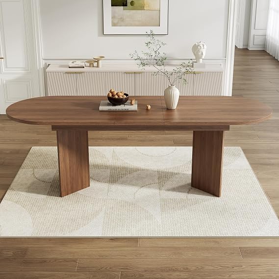 Merax Extendable Dining Table 160/200 x 90 cm,Walnut, Rounded Corner Design, Sturdy Thickened Top, Adjustable for 6-8 People, Modern Dining Table for Living Room, Kitchen, and Dining Room