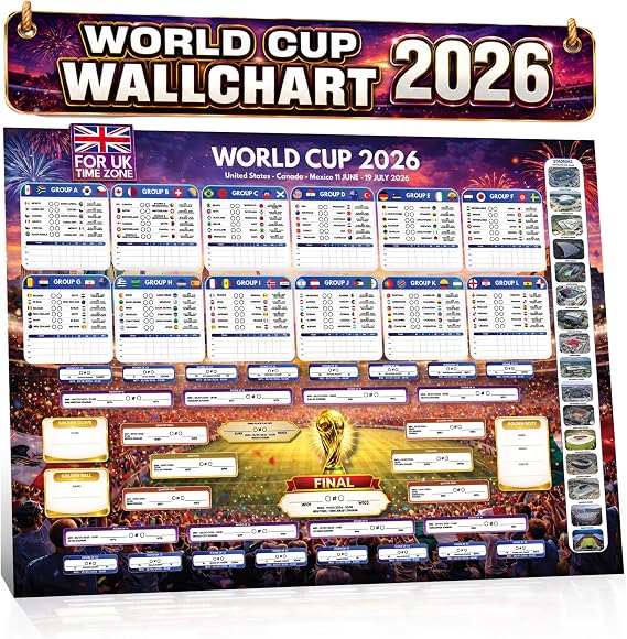 World Cup Wall Chart 2026 | Huge A1 Size 2026 World Cup Football Poster with UK Fixtures, Dates, Kick Off Times, Host Stadiums | Includes 48 Teams, Group Stage to Final | Folded A4 Envelope