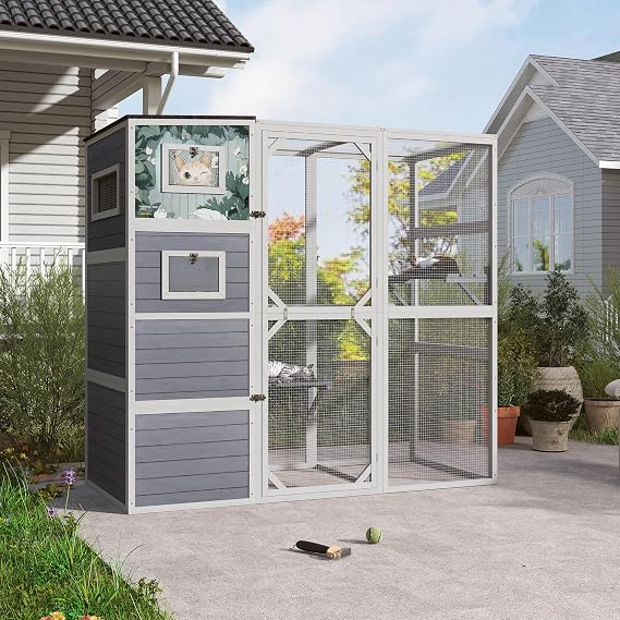 4-Tier Cat House Large Enclosure Cat Run Wooden Catio Outdoor Kitty House with Weatherproof Roof, 2 Resting Rooms & 3 Platforms, 193.5x85x178cm
