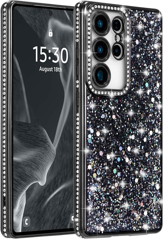 FABSPARK Case for Samsung Galaxy S25 Ultra,Glitter Crystal Diamond Rhinestone Sequin Shiny Bling Sparkly Glossy Luxury Electroplated,Aesthetic Cute Full Protection for Samsung Galaxy S25 Ultra,Black