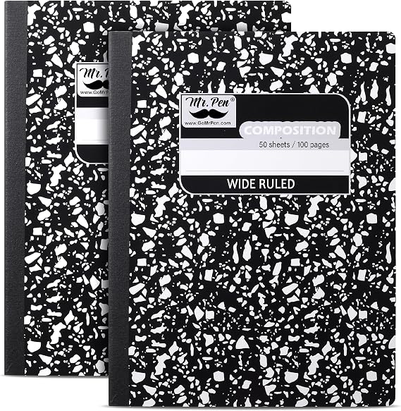 Mr. Pen- Composition Notebook, 2 Pack, Wide Ruled, 50 Sheets, 9.75" x 7.5", Black Marble, Composition Book, Notebooks for School, Wide Ruled Composition Notebook, Journal Notebooks, Writing Notebooks