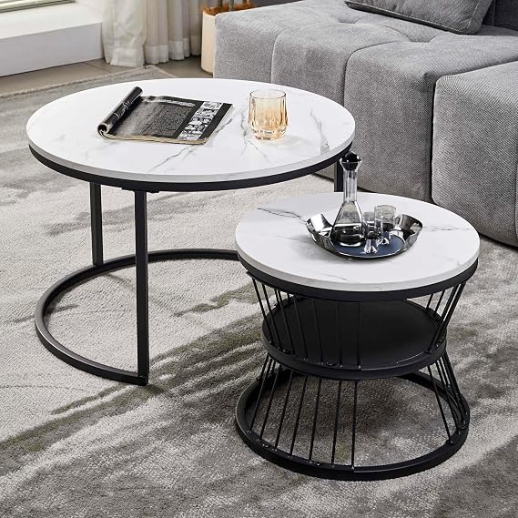 YVDNHP Nesting Coffee Table Black Set of 2, Round Coffee Tables Living Room, Modern Side Table with Sturdy Metal Frame, Black Coffee Table for Bedroom Balcony Home Decor