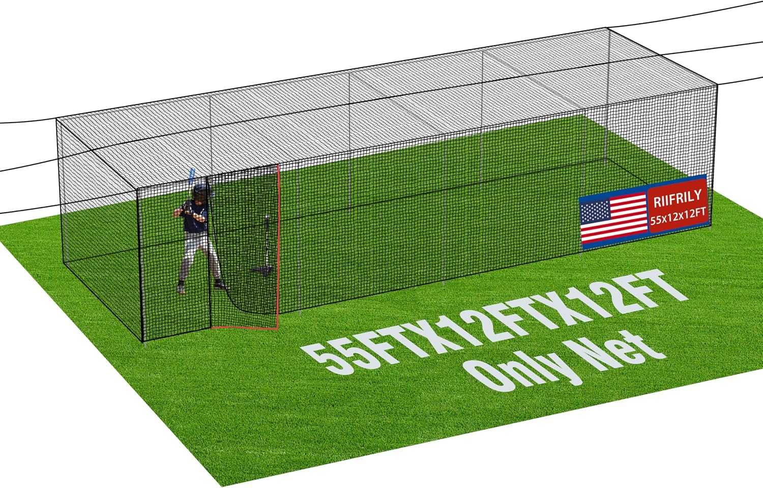 RIIFRILY Baseball Batting Cage Nets,20‘L/ 35'L/55'L/70'L Baseball and Softball Cage Netting, Enclosed HDPE #42 /#45 Netting Batting Cages for Backyard and Indoor (NET ONLY)