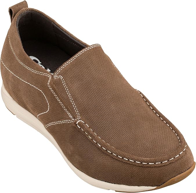 CALTO Men's Invisible Height Increasing Elevator Shoes - Nubuck Leather Slip-on Casual Loafers - 2.8 Inches Taller