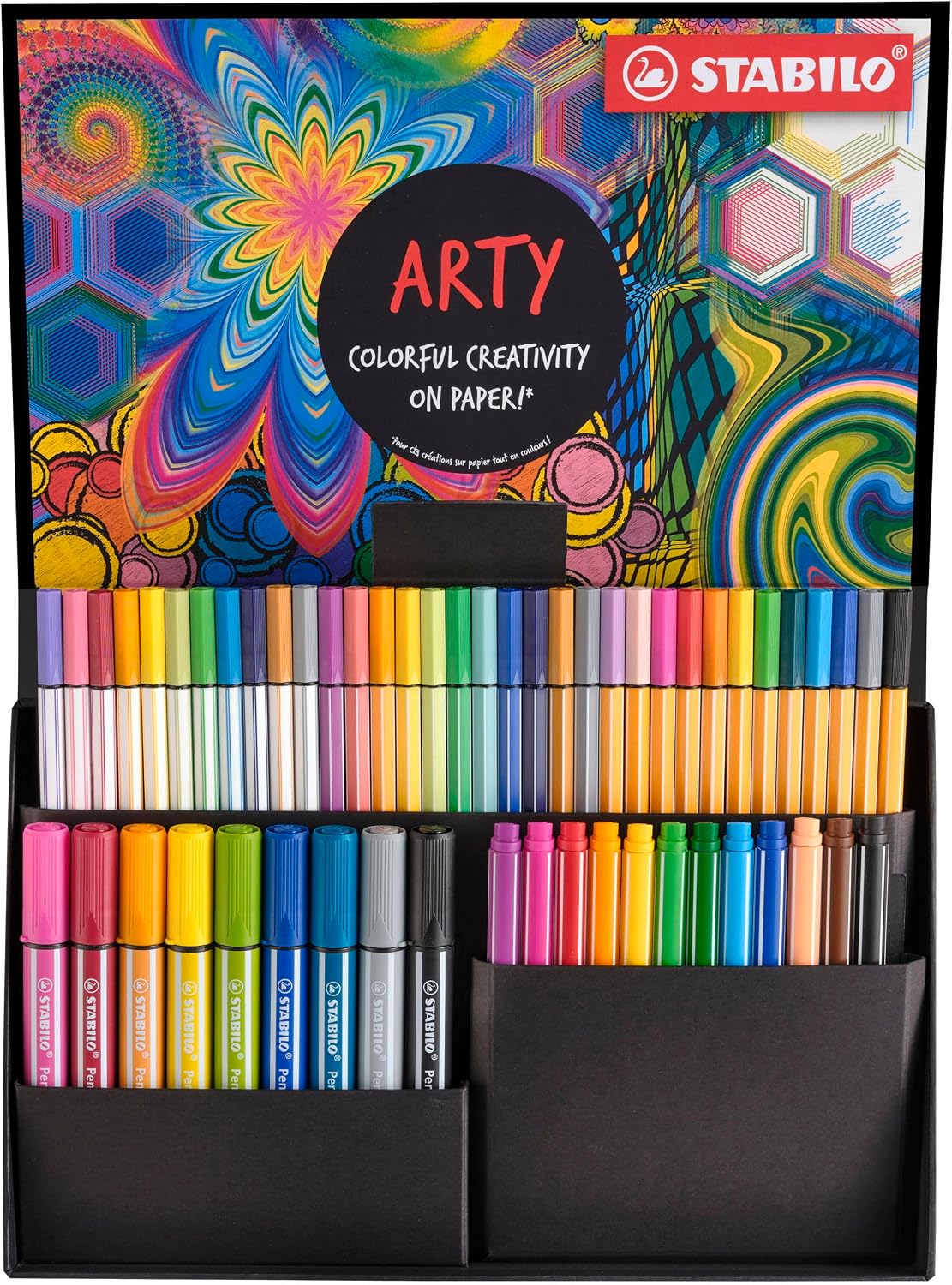 STABILO Creative Felt Tip Set ARTY - Premium Felt Pens, Thick Cut Tip and Premium Felt Pen Flexible Brush Tip - Package of 55 - Various Colors
