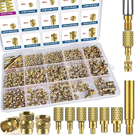 513Pcs SAE Threaded Inserts, #2-56#4-40#6-32#8-32#10-32 1/4"-20 Female Thread Knurled Nuts Assortment Kit, Brass Heat Set Insert for Plastic and 3D Printing Components