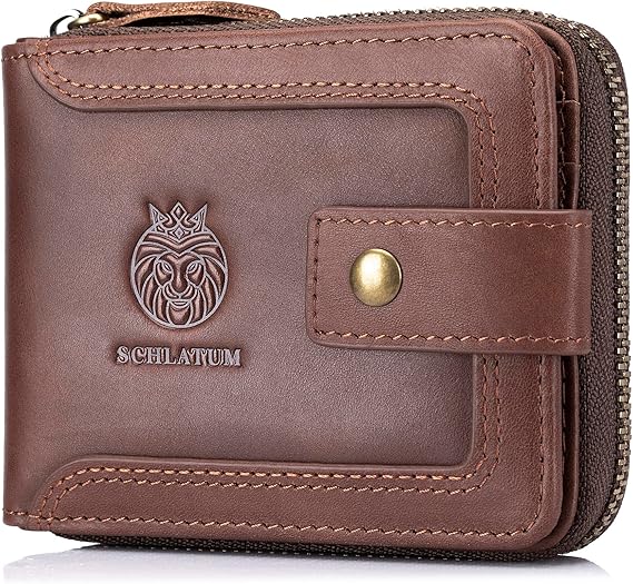 Genuine Leather Zipper Wallet for Men RFID Blocking Large Capacity Classic Wallet with Coin Pocket ID Window, Coffee, Vintage & Classic