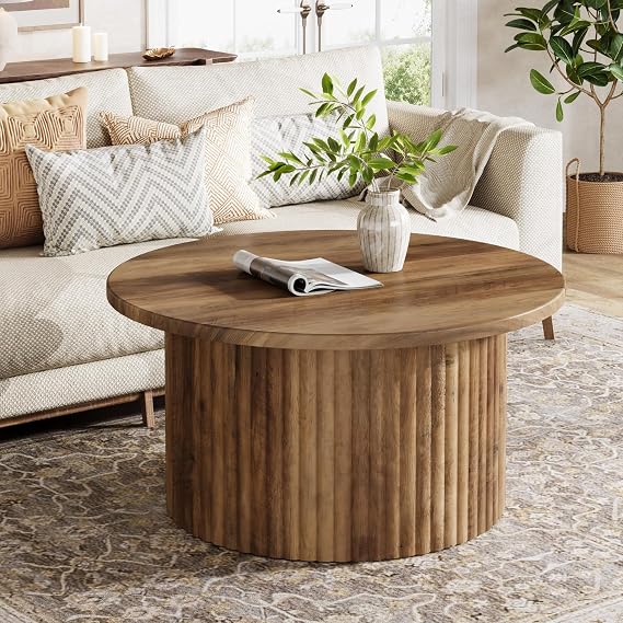 Tribesigns 80cm Round Coffee Table, Farmhouse Circle Coffee Table with Metal Base, Modern Wood Accent Center Table Sofa Side Table for Living Room, Home Office, Wood Grain Veneer Top