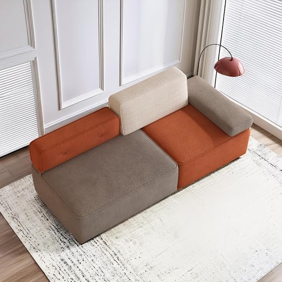 Modular Boneless Sofa 2-3 Seater Cloud Couch 203cm Convertible Floor Sofa Bed for Living Room Grey & Orange with Cushion & Pillow No Assembly Required