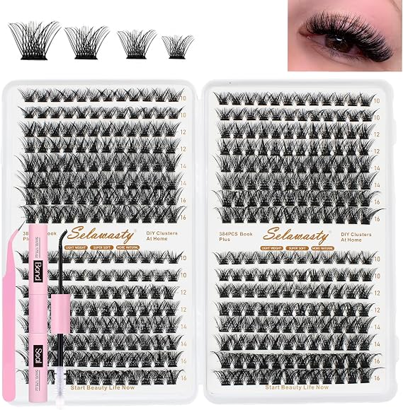 Lash Clusters Kit 384Pcs Wispy Natural Cluster Eyelash Extension Kit DIY Lash Extension Kit C-curly 10-16MM Eyelash Clusters Volume Individual Lashes Kit Lash Bond and Seal Tweezer(W02-Kit)