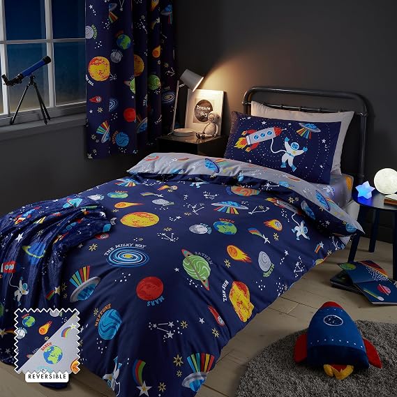 Catherine Lansfield Lost In Space Reversible Double Duvet Cover Set with Pillowcases Blue