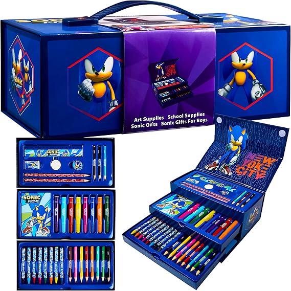 Get Trend Sonic the Hedgehog Arts & Crafts Set for Kids, 34 Pcs Colouring & Art Supplies, Crayons Pencils Notepad & Accessories, Stationary Supplies for Kids