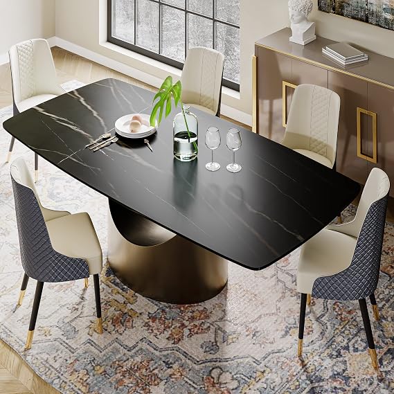 POVISON Dining Table Modern 200 cm Black Sintered Stone with Bronze Carbon Steel Legs Rectangular Table for 6-8 People Easy Installation (without Chairs)